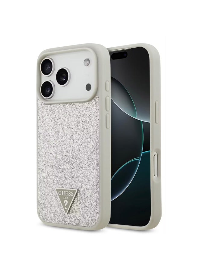 GUESS iPhone 17 Pro Max MagSafe Case / PU Leather Fixed Glitter Case With Triangle Logo - Silver - Image 1