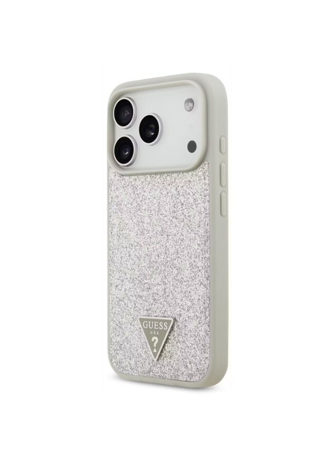 GUESS iPhone 17 Pro Max MagSafe Case / PU Leather Fixed Glitter Case With Triangle Logo - Silver - Image 3