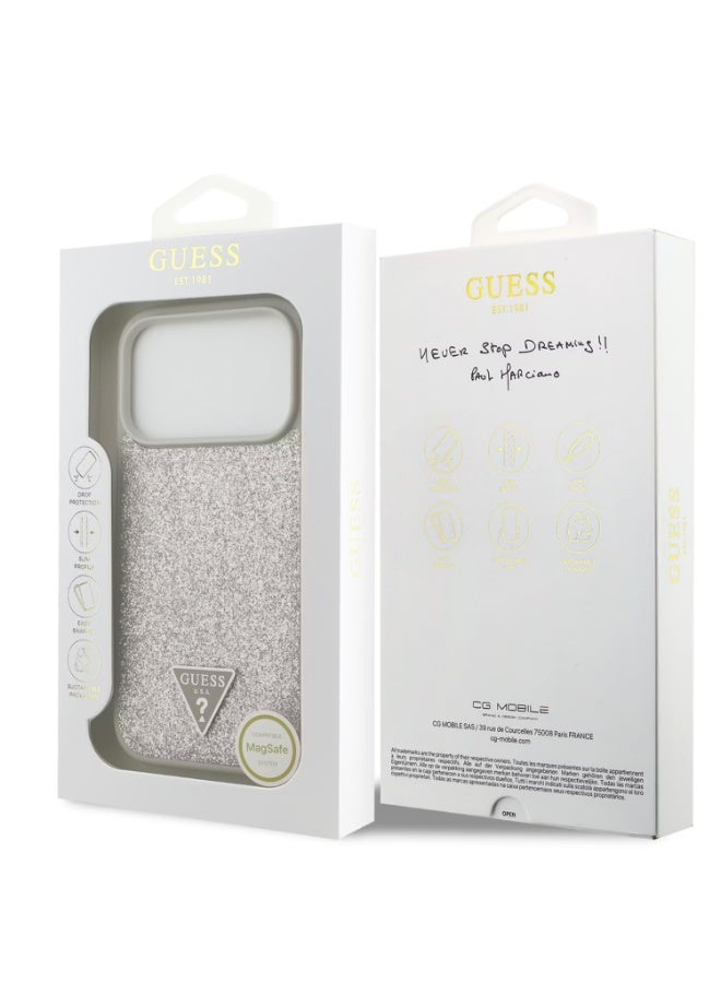 GUESS iPhone 17 Pro Max MagSafe Case / PU Leather Fixed Glitter Case With Triangle Logo - Silver - Image 5
