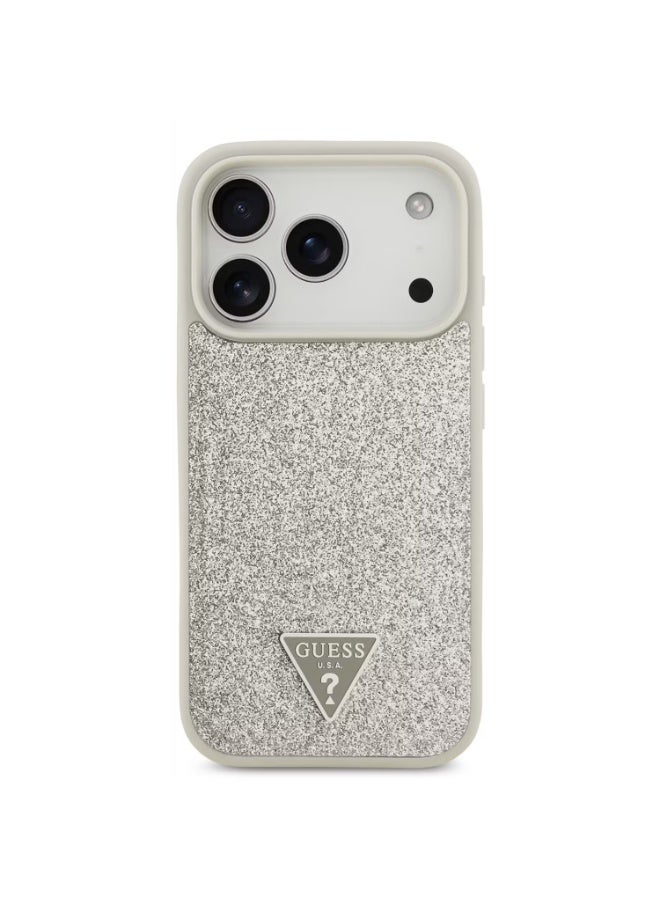 GUESS iPhone 17 Pro Max MagSafe Case / PU Leather Fixed Glitter Case With Triangle Logo - Silver - Image 2