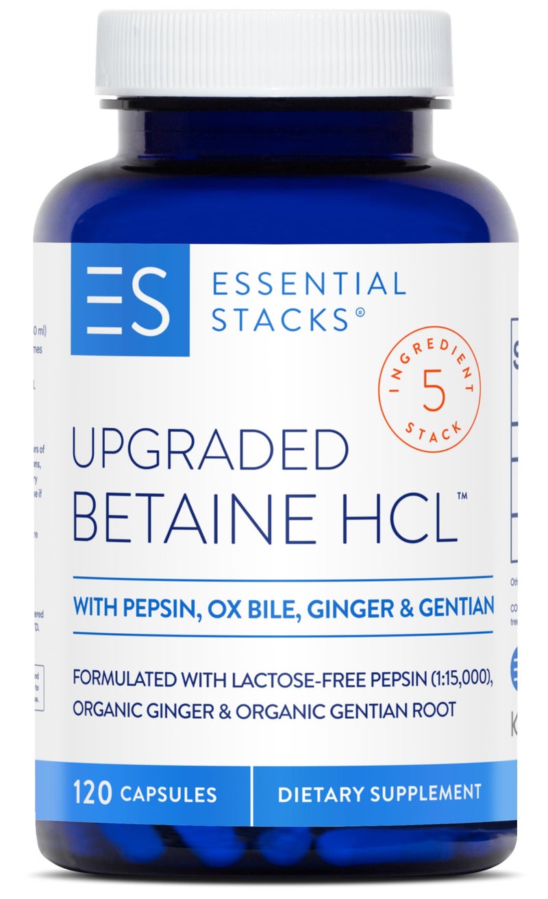 Essential Stacks Betaine HCL with Pepsin Ox Bile Organic Gentian Ginger Betaine Hydrochloride Supplement w Digestive Enzymes Bile Bitters Gluten Dairy Soy Free 120 Capsules