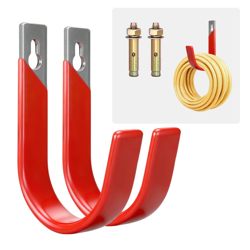 Pruite Heavy Duty Metal Garage Hooks Wall Mount 2 Pack, Garage Hanger Utility Storage Hooks for Outside, Hose Rack Suitable for Garage,Garden and Yard,Red - Image 1