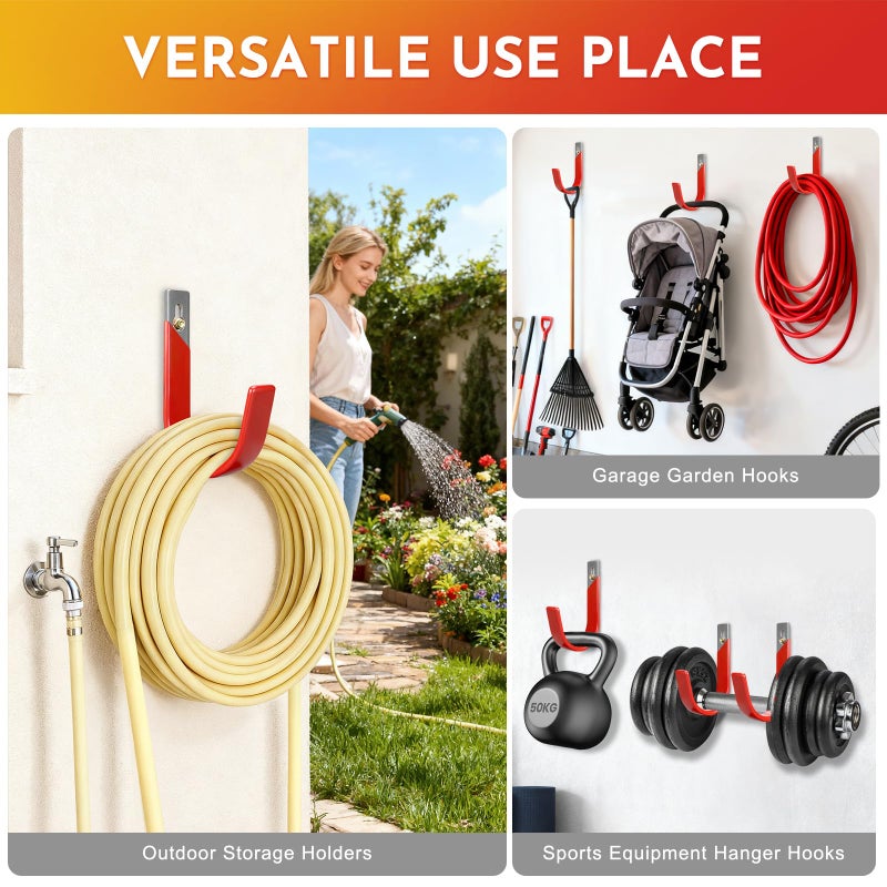 Pruite Heavy Duty Metal Garage Hooks Wall Mount 2 Pack, Garage Hanger Utility Storage Hooks for Outside, Hose Rack Suitable for Garage,Garden and Yard,Red - Image 5