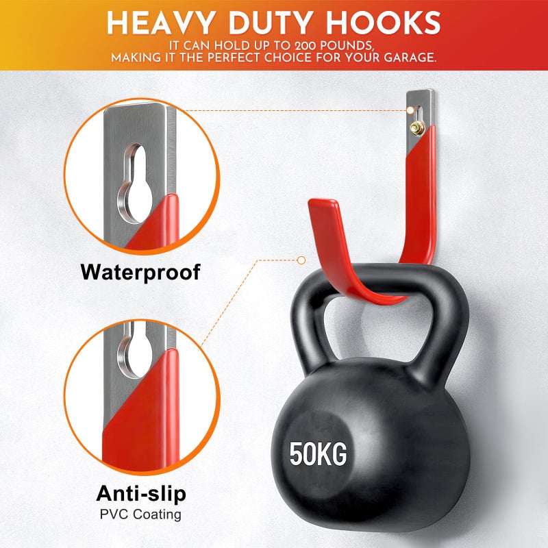 Pruite Heavy Duty Metal Garage Hooks Wall Mount 2 Pack, Garage Hanger Utility Storage Hooks for Outside, Hose Rack Suitable for Garage,Garden and Yard,Red - Image 3