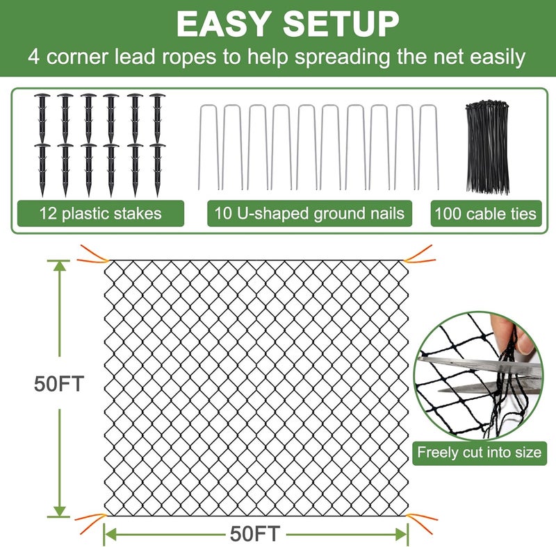 DQS Bird Net - 50' x 50' Garden Netting with 2.4" Square Mesh Protect Fruit Tree, Plant & Vegetables from Poultry, Deer and Pests, Heavy Duty Tree Net for Garden, Farm, Orchard, etc. - Image 3