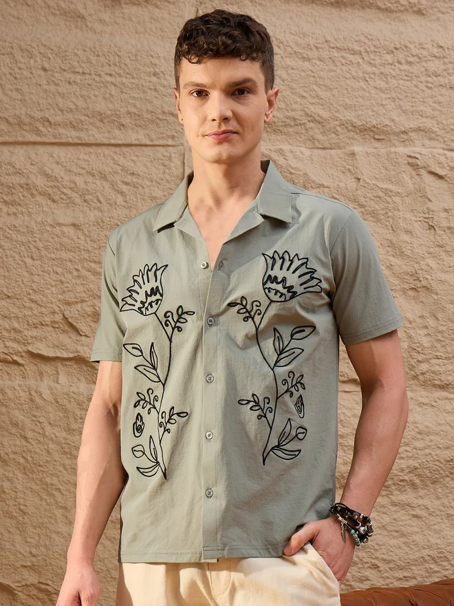Take Two REPRISE Sage Green Embroidered Pattern Casual Shirt