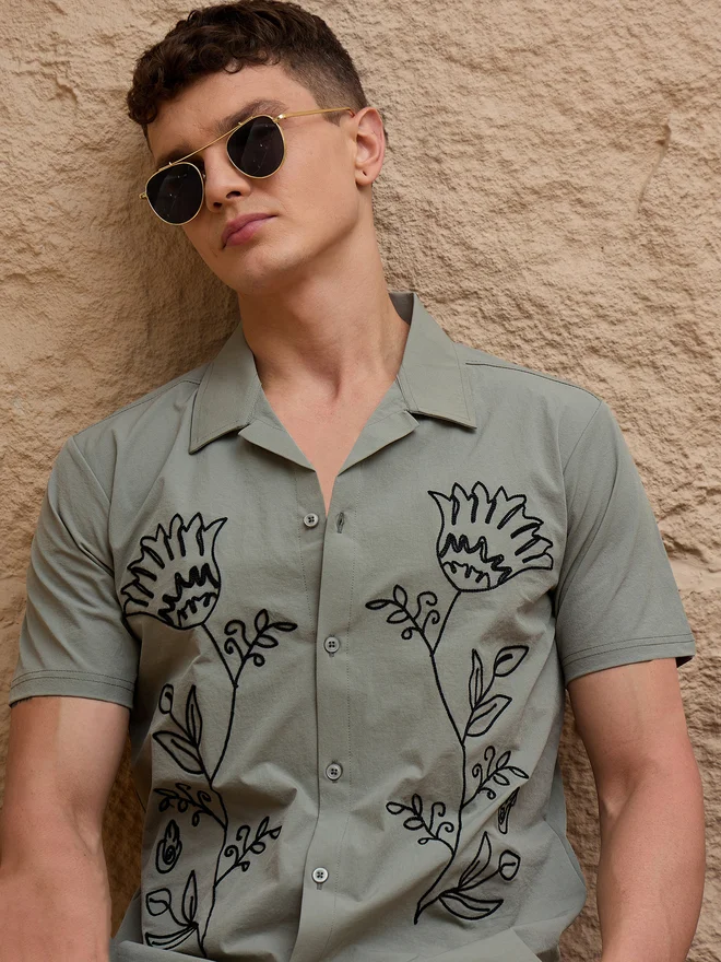 Take Two  REPRISE Sage Green Embroidered Pattern Casual Shirt for Men | Best Price UAE