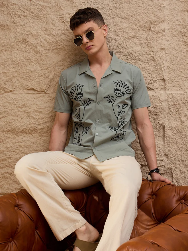 Take Two  REPRISE Sage Green Embroidered Pattern Casual Shirt for Men | Best Price UAE
