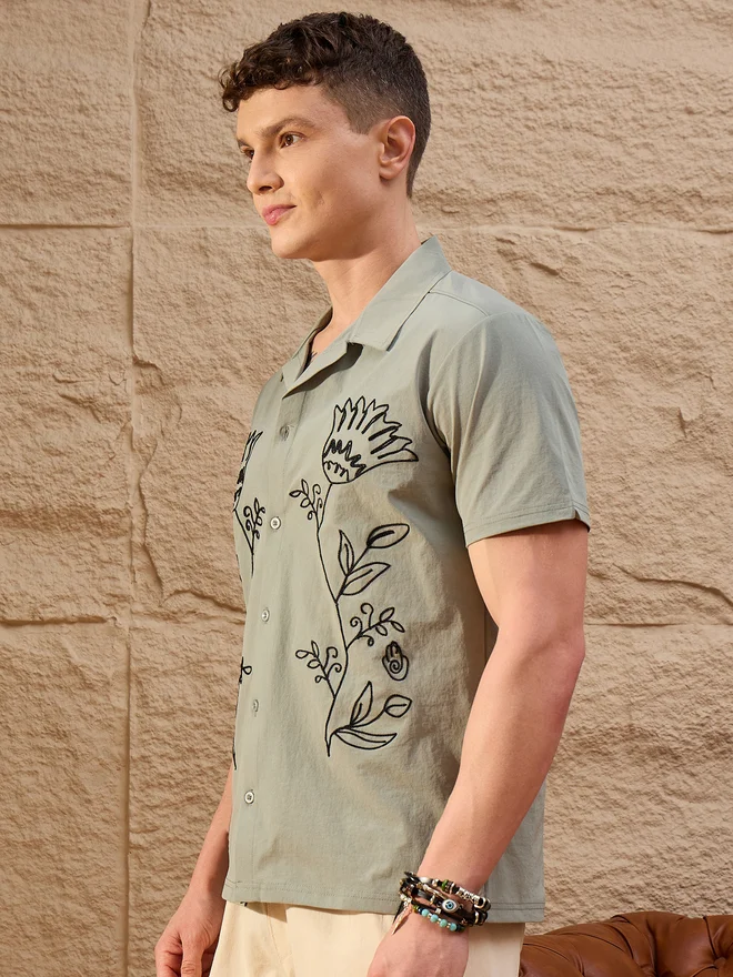 Take Two REPRISE Sage Green Embroidered Pattern Casual Shirt