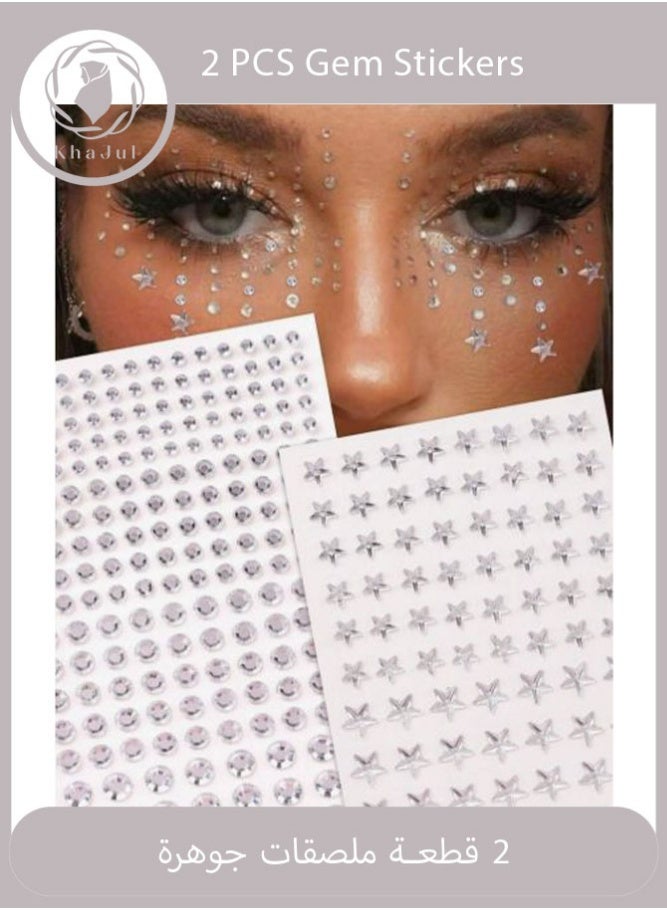 KHAJUL 2 PCS 3D Silver White Five-Pointed Star Rhinestone Eye & Face Sticker, DIY Makeup Accessory - Image 1