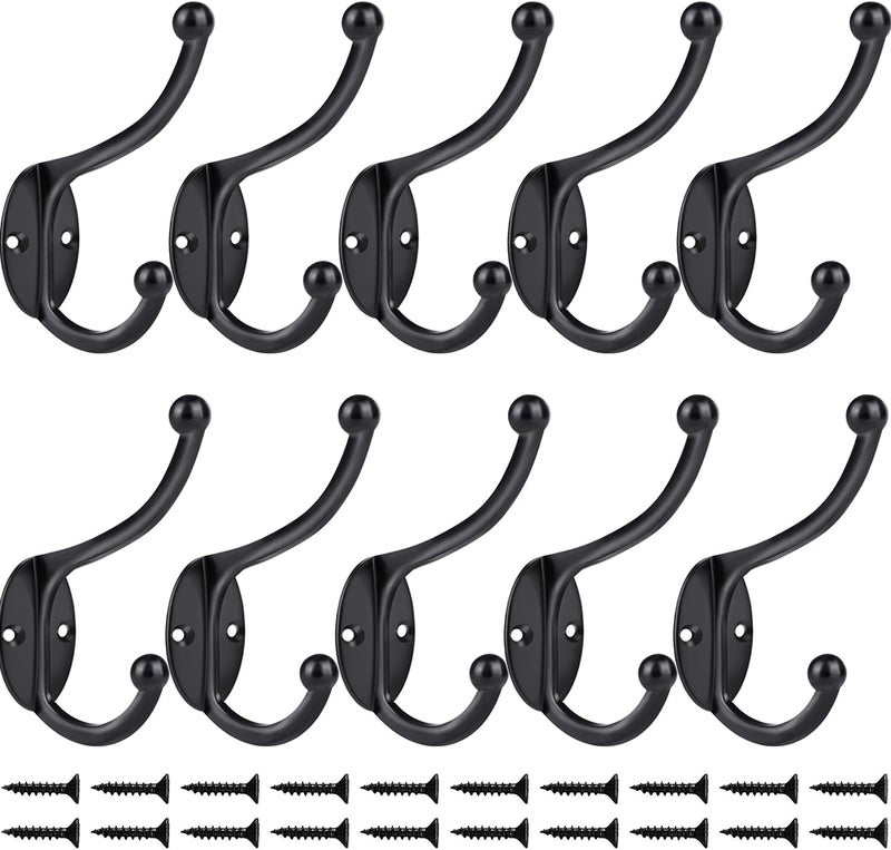 ZEYU 10Pcs Hardware Towel Hooks for Hanging Coats Double No Rust Black Robe Hooks Wall Mounted with Screws for Key, Towel, Bags, Cup, Hat - Image 3