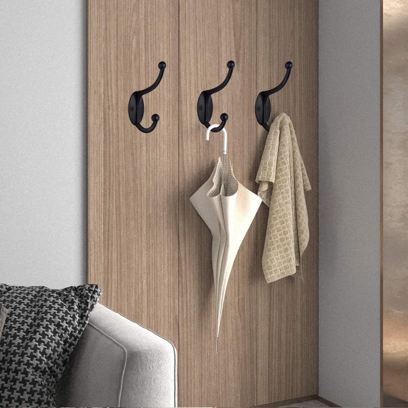 ZEYU 10Pcs Hardware Towel Hooks for Hanging Coats Double No Rust Black Robe Hooks Wall Mounted with Screws for Key, Towel, Bags, Cup, Hat - Image 5