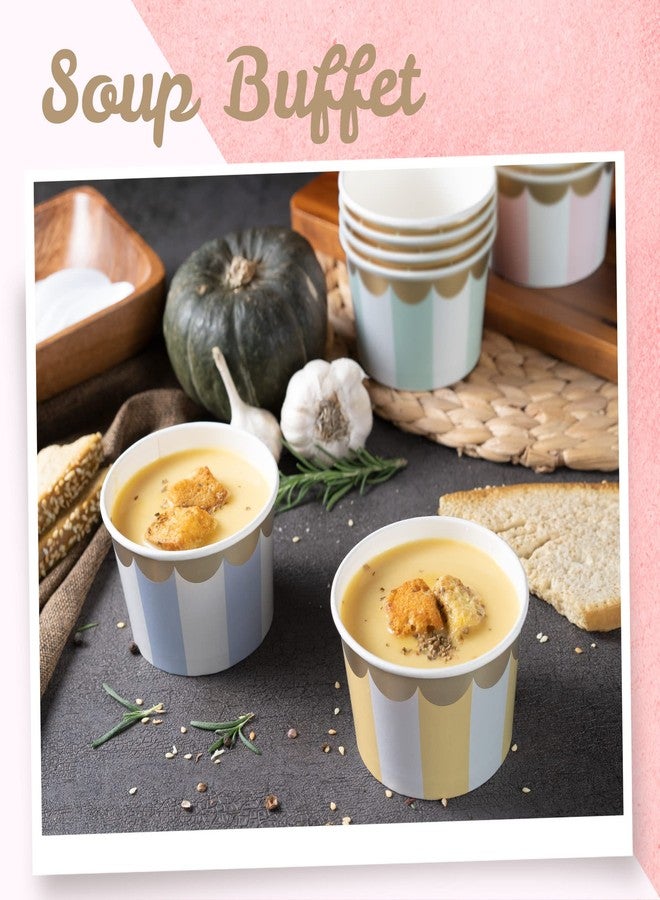 Confettiville Paper Ice Cream Cups - 50-Count 9-Oz Disposable Dessert Bowls for Hot or Cold Food, 9-Ounce Party Supplies Treat Cups for Sundae, Frozen Yogurt, Soup, 5 Colors Pastel Stripes with Scalloped Gold Foil - Image 3