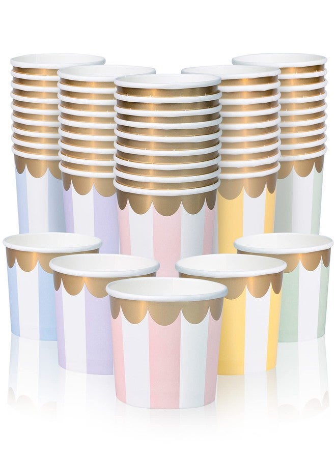 Confettiville Paper Ice Cream Cups - 50-Count 9-Oz Disposable Dessert Bowls for Hot or Cold Food, 9-Ounce Party Supplies Treat Cups for Sundae, Frozen Yogurt, Soup, 5 Colors Pastel Stripes with Scalloped Gold Foil - Image 1