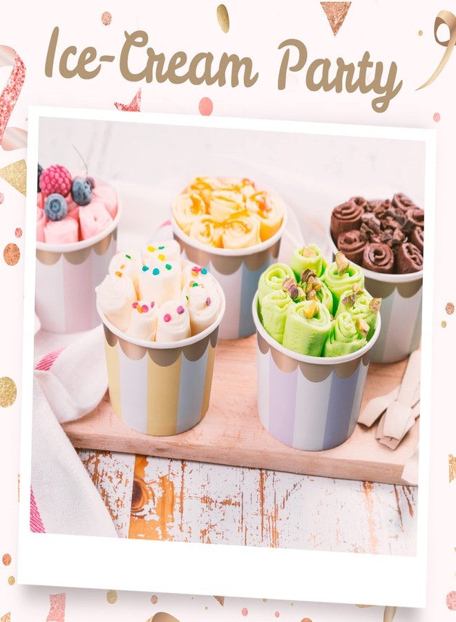 Confettiville Paper Ice Cream Cups - 50-Count 9-Oz Disposable Dessert Bowls for Hot or Cold Food, 9-Ounce Party Supplies Treat Cups for Sundae, Frozen Yogurt, Soup, 5 Colors Pastel Stripes with Scalloped Gold Foil - Image 2