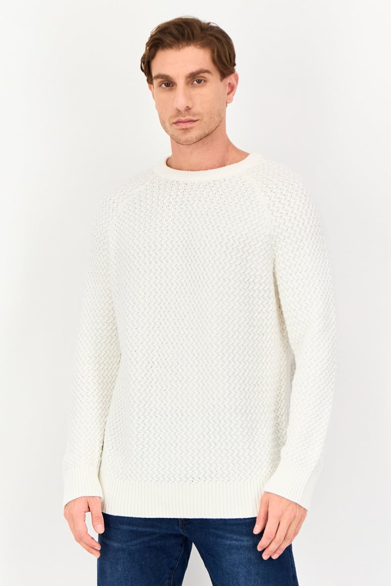 Celio Men Crew Neck Knitted Long Sleeve Sweater, Off White - Image 1