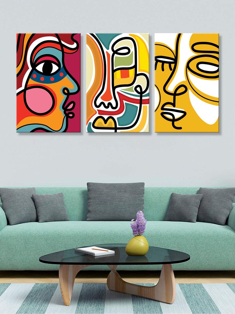 999STORE wooden stretched Abstract Face Wall Art paintings for home decor big size Wall Hanging Canvas wall frame for living room Multicolour Set of 3 Canvas 54X30 Inches 3FCanvas242