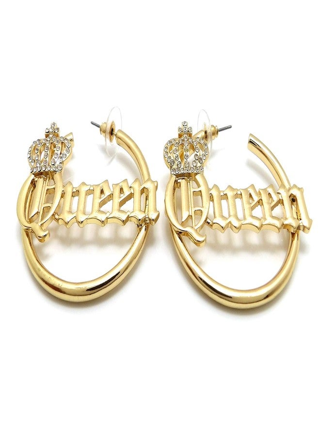 Fashion 21 Sassy, Sexy, Boss, Mob, Queen Word Statement Bamboo Style 3.0 inches Pincatch Hoop Earring in Gold Tone (Queen/Gold Plain Style) - Image 3