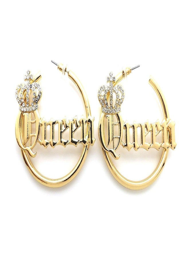 Fashion 21 Sassy, Sexy, Boss, Mob, Queen Word Statement Bamboo Style 3.0 inches Pincatch Hoop Earring in Gold Tone (Queen/Gold Plain Style) - Image 1