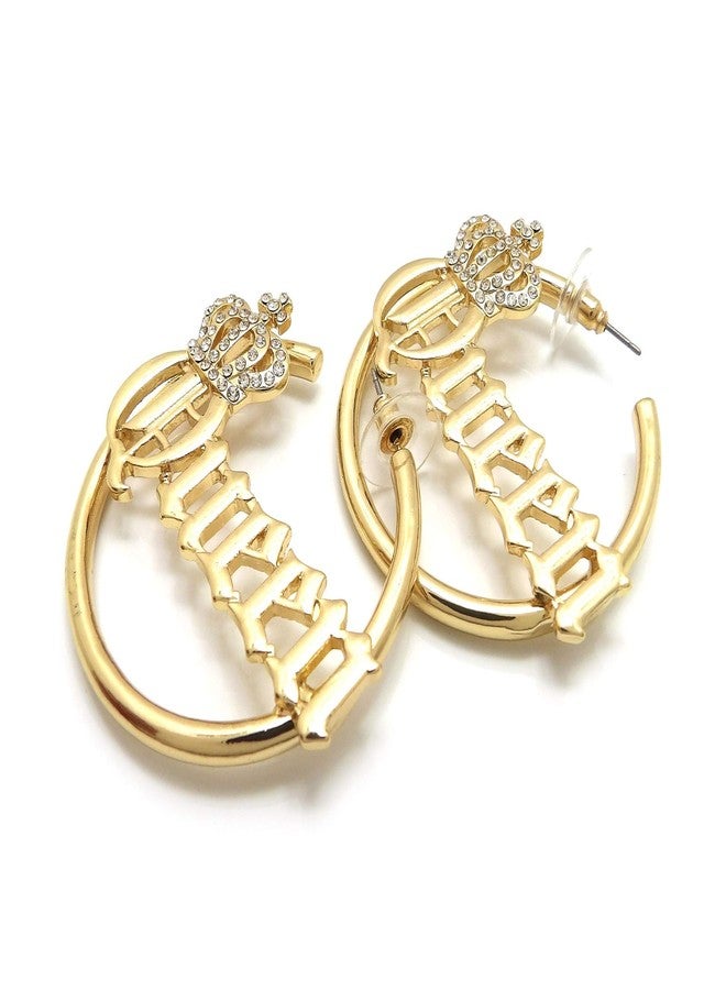 Fashion 21 Sassy, Sexy, Boss, Mob, Queen Word Statement Bamboo Style 3.0 inches Pincatch Hoop Earring in Gold Tone (Queen/Gold Plain Style) - Image 4