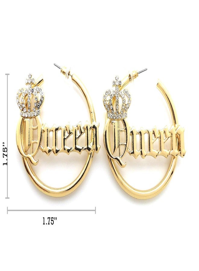 Fashion 21 Sassy, Sexy, Boss, Mob, Queen Word Statement Bamboo Style 3.0 inches Pincatch Hoop Earring in Gold Tone (Queen/Gold Plain Style) - Image 2