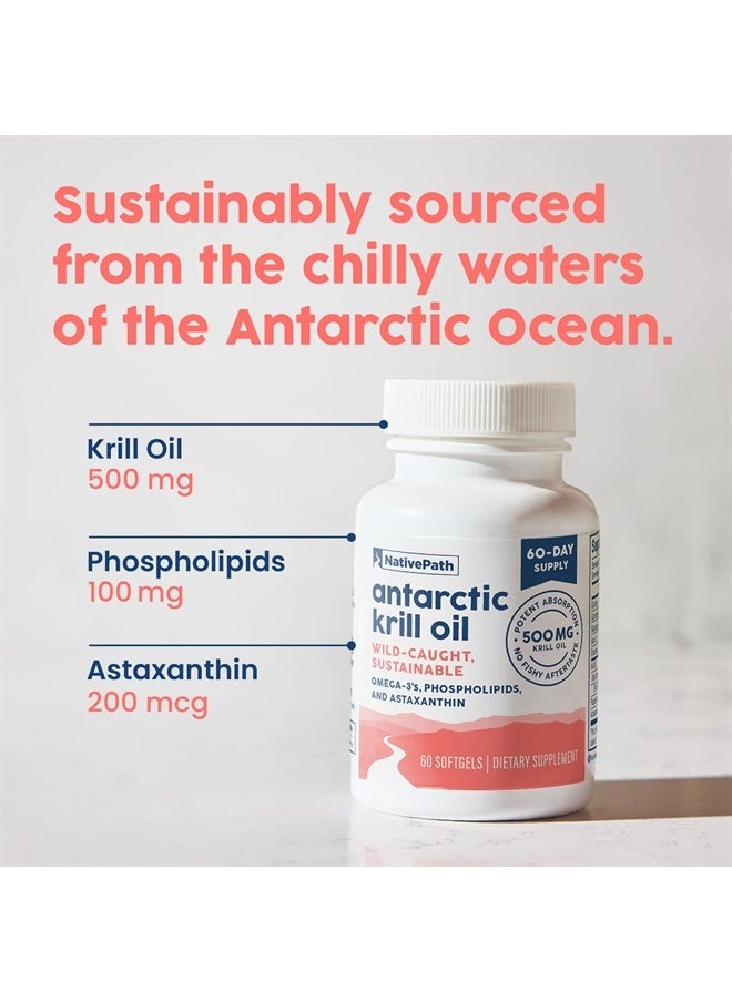 Antarctic Krill Oil - Wild-Caught Omega 3 Krill Oil 500mg Softgels with EPA, DHA and Astaxanthin - Omega 3 Supplement for Joint, Heart, Brain and Immunity - 60 ct - No Fishy Aftertaste