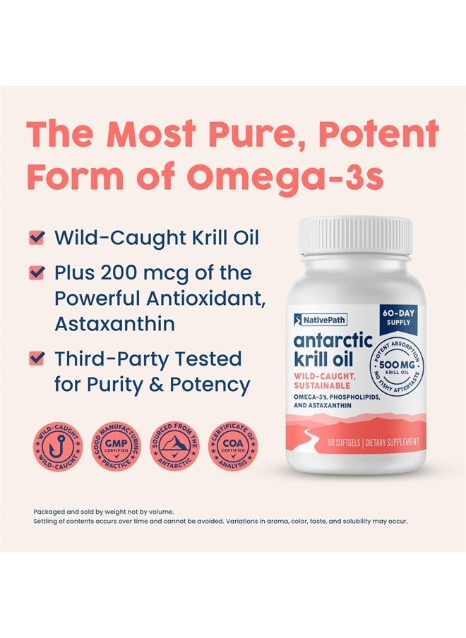 Antarctic Krill Oil - Wild-Caught Omega 3 Krill Oil 500mg Softgels with EPA, DHA and Astaxanthin - Omega 3 Supplement for Joint, Heart, Brain and Immunity - 60 ct - No Fishy Aftertaste