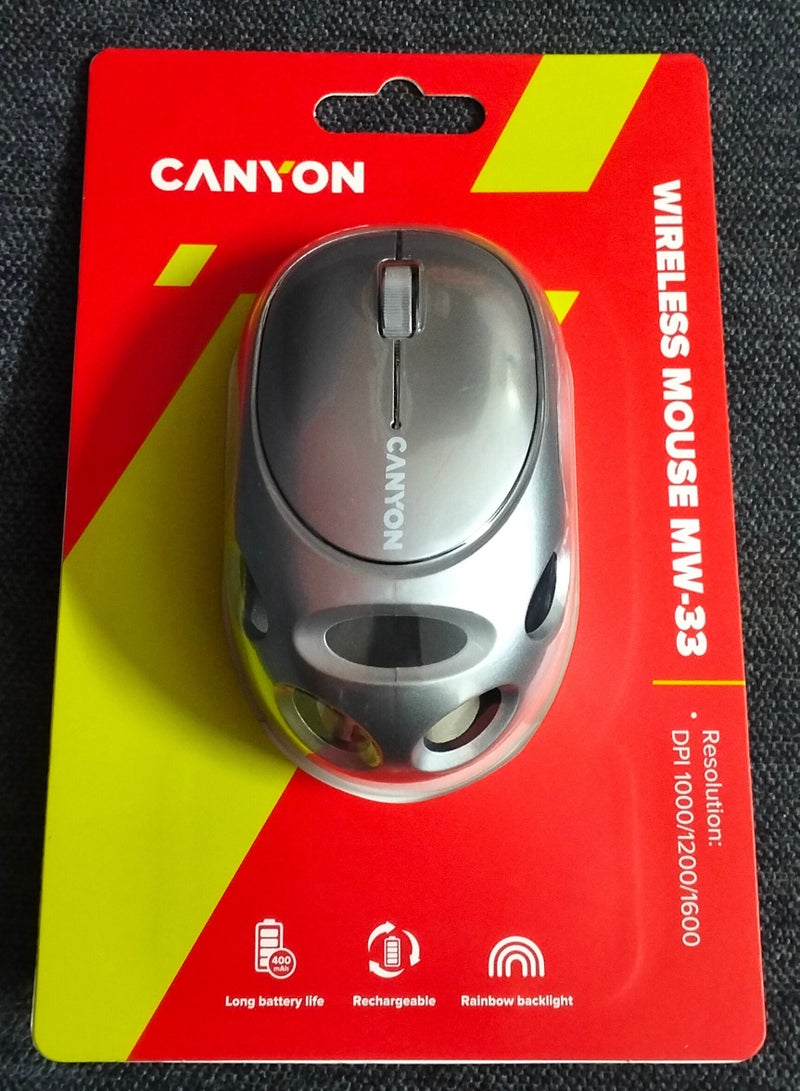 كانيون ماوس لاسلكي MW-33 قابل لإعادة الشحن بتصميم مريح على شكل قرص العسل - ماوس ألعاب خفيف الوزن 2.4 جيجاهرتز للأعمال المكتبية - إضاءة خلفية بألوان قوس قزح - 3 أزرار - زر تشغيل/إيقاف موفر للطاقة 400 مللي أمبير في الساعة - مستشعر بصري 1600 نقطة في البوصة - مسافة فعالة 10 أمتار | فضي - Image 3