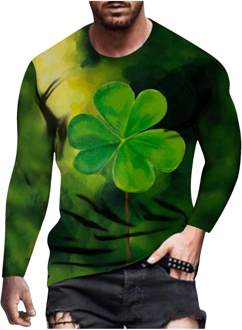 cheekyglo Men St Patricks Day Long Sleeve T-Shirt Shamrock Printing Slim-Fit Crew Neck Tops Pullover Tie Dye Tee Sweatshirt Blouse - Image 1