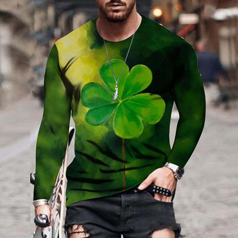 cheekyglo Men St Patricks Day Long Sleeve T-Shirt Shamrock Printing Slim-Fit Crew Neck Tops Pullover Tie Dye Tee Sweatshirt Blouse - Image 2