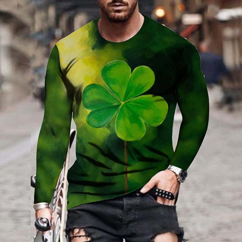 cheekyglo Men St Patricks Day Long Sleeve T-Shirt Shamrock Printing Slim-Fit Crew Neck Tops Pullover Tie Dye Tee Sweatshirt Blouse - Image 4