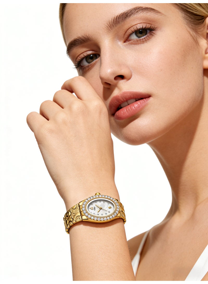 جدي GEDI Luxury Gold Women's Watch - Oval Crystal Bezel Mother-of-Pearl Dial Stainless Steel Bracelet, Elegant Ladies Quartz Wristwatch for Formal & Daily Wear - Image 3