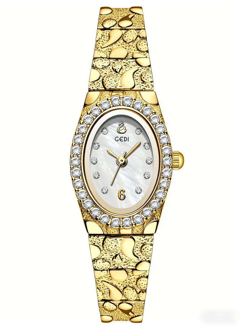 جدي GEDI Luxury Gold Women's Watch - Oval Crystal Bezel Mother-of-Pearl Dial Stainless Steel Bracelet, Elegant Ladies Quartz Wristwatch for Formal & Daily Wear - Image 2