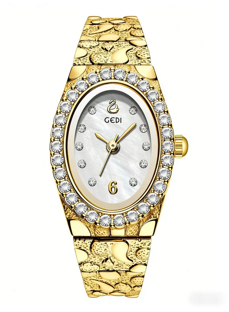 جدي GEDI Luxury Gold Women's Watch - Oval Crystal Bezel Mother-of-Pearl Dial Stainless Steel Bracelet, Elegant Ladies Quartz Wristwatch for Formal & Daily Wear - Image 1