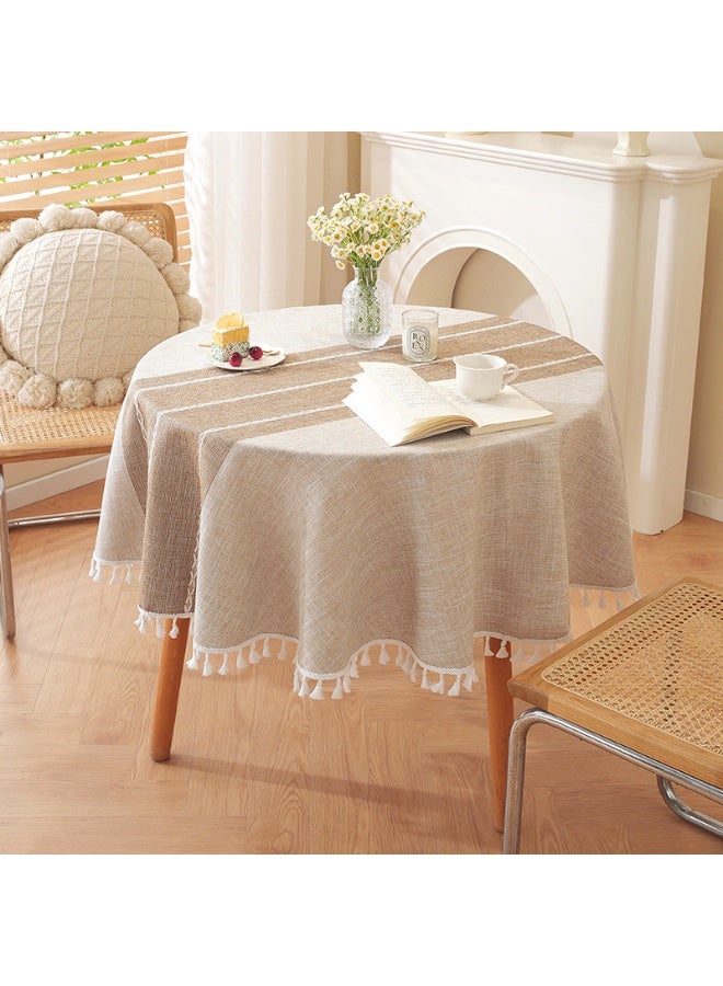 Round Tablecloth Washable Cotton Linen Tablecloths Fabric Tassel Tablecloth Dust-Proof Table Cover for Kitchen Dinning Tabletop Restaurant Party Home Decoration Everyday Use (Linen, 120cm ,Coffee) - Image 3