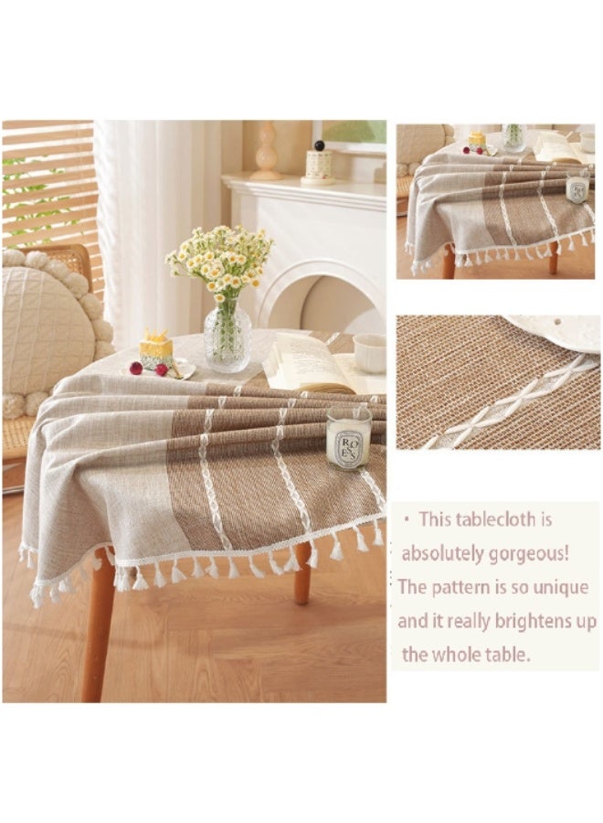 Round Tablecloth Washable Cotton Linen Tablecloths Fabric Tassel Tablecloth Dust-Proof Table Cover for Kitchen Dinning Tabletop Restaurant Party Home Decoration Everyday Use (Linen, 120cm ,Coffee) - Image 2
