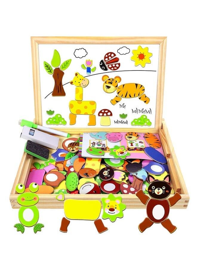 Generic COOLJOY 100+ Pieces Magnetic Wooden Jigsaw Animal Jigsaw with Chalkboard Easel Double-Sided Educational Toys for Toddler Children Girl 3+ Years Old 