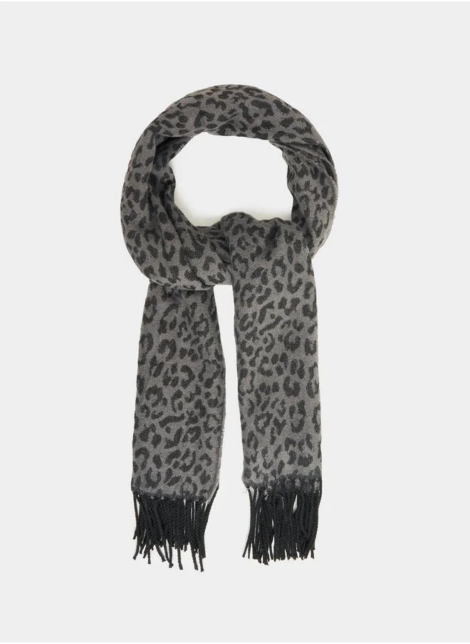 Styli Animal Print Scarf with Fringe