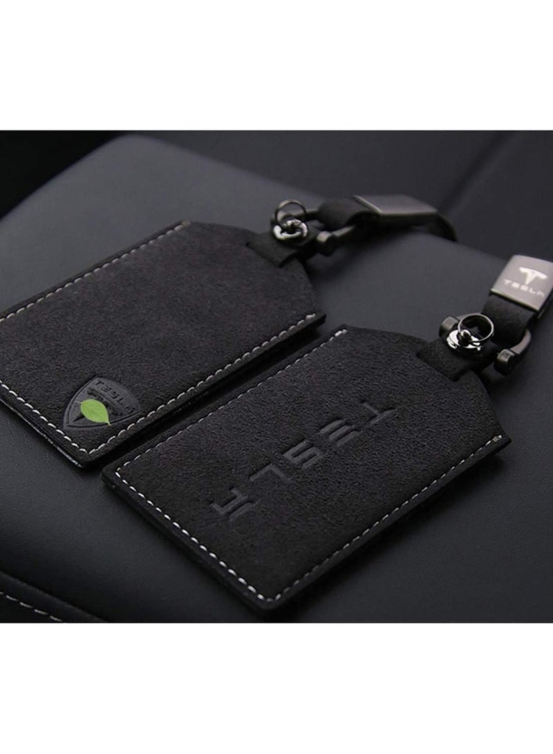 حامل بطاقة مفاتيح مع غلاف من الجلد المدبوغ لملحقات تسلا موديل 3 وموديل Y باللون الأسود - Image 3