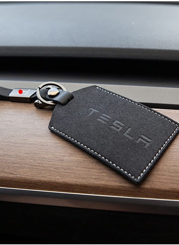 حامل بطاقة مفاتيح مع غلاف من الجلد المدبوغ لملحقات تسلا موديل 3 وموديل Y باللون الأسود - Image 2