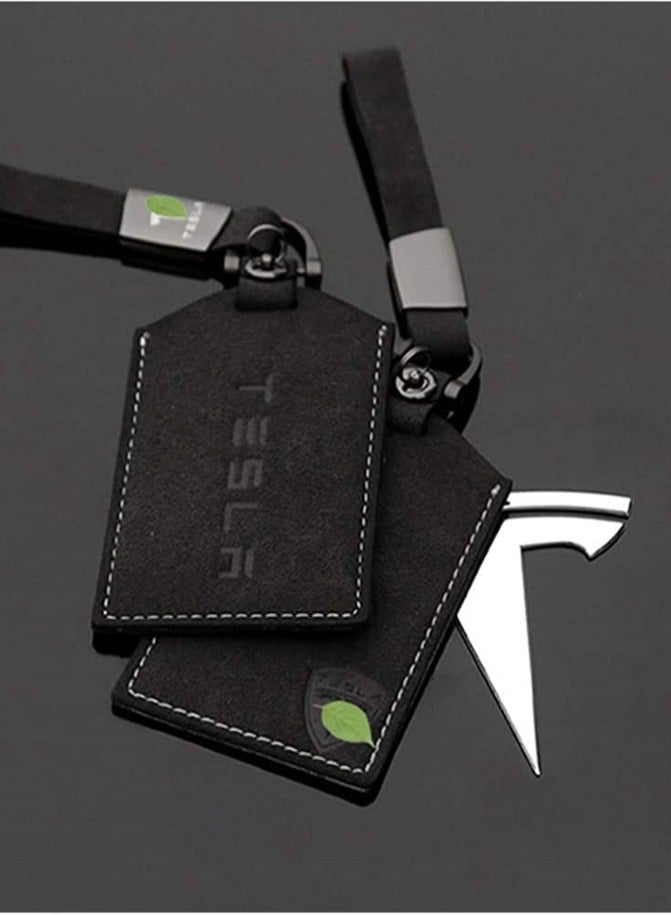 حامل بطاقة مفاتيح مع غلاف من الجلد المدبوغ لملحقات تسلا موديل 3 وموديل Y باللون الأسود - Image 4