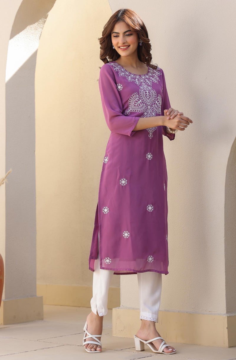 Janasya Women's Lavender Georgette Embroidered Straight Kurta (JAA25KR01188-L) - Image 3
