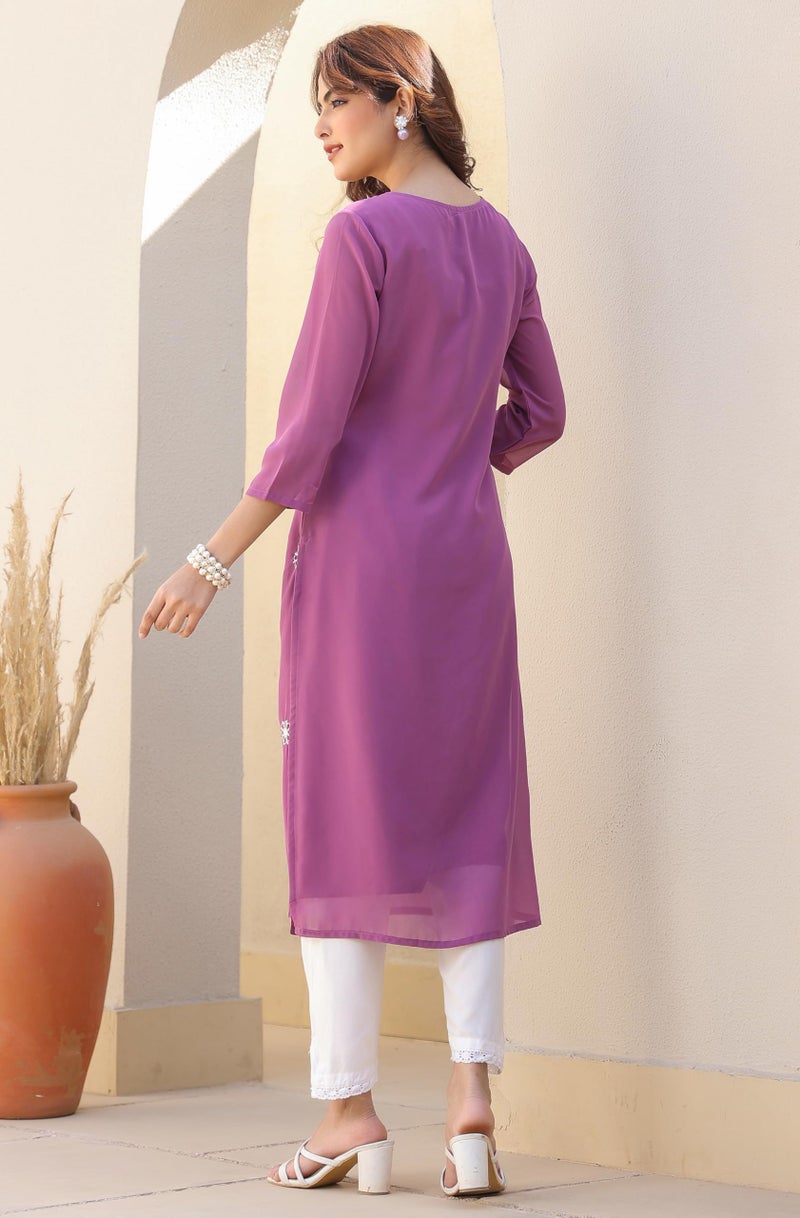 Janasya Women's Lavender Georgette Embroidered Straight Kurta (JAA25KR01188-L) - Image 4