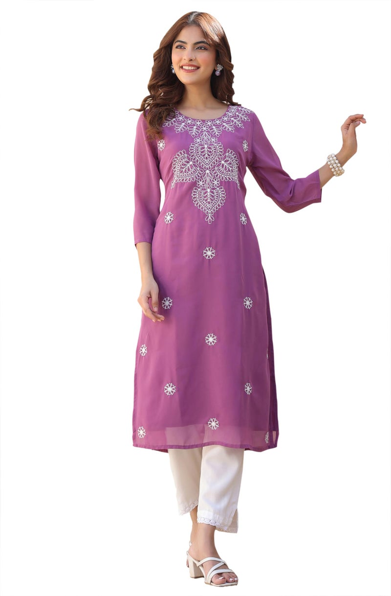 Janasya Women's Lavender Georgette Embroidered Straight Kurta (JAA25KR01188-L) - Image 1