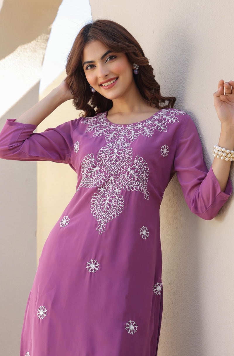 Janasya Women's Lavender Georgette Embroidered Straight Kurta (JAA25KR01188-L) - Image 2