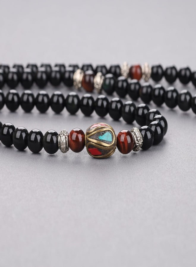 COAI Multilayer Red Tiger Eye and Obsidian Malas Prayer Beads Bracelet - Image 5