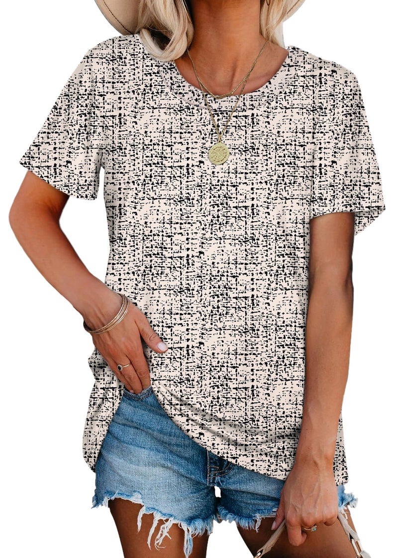 Jescakoo Summer Tops for Women 2026 Boho Business Casual Short Sleeve T Shirts Beach Vacation Beige Black L - Image 3