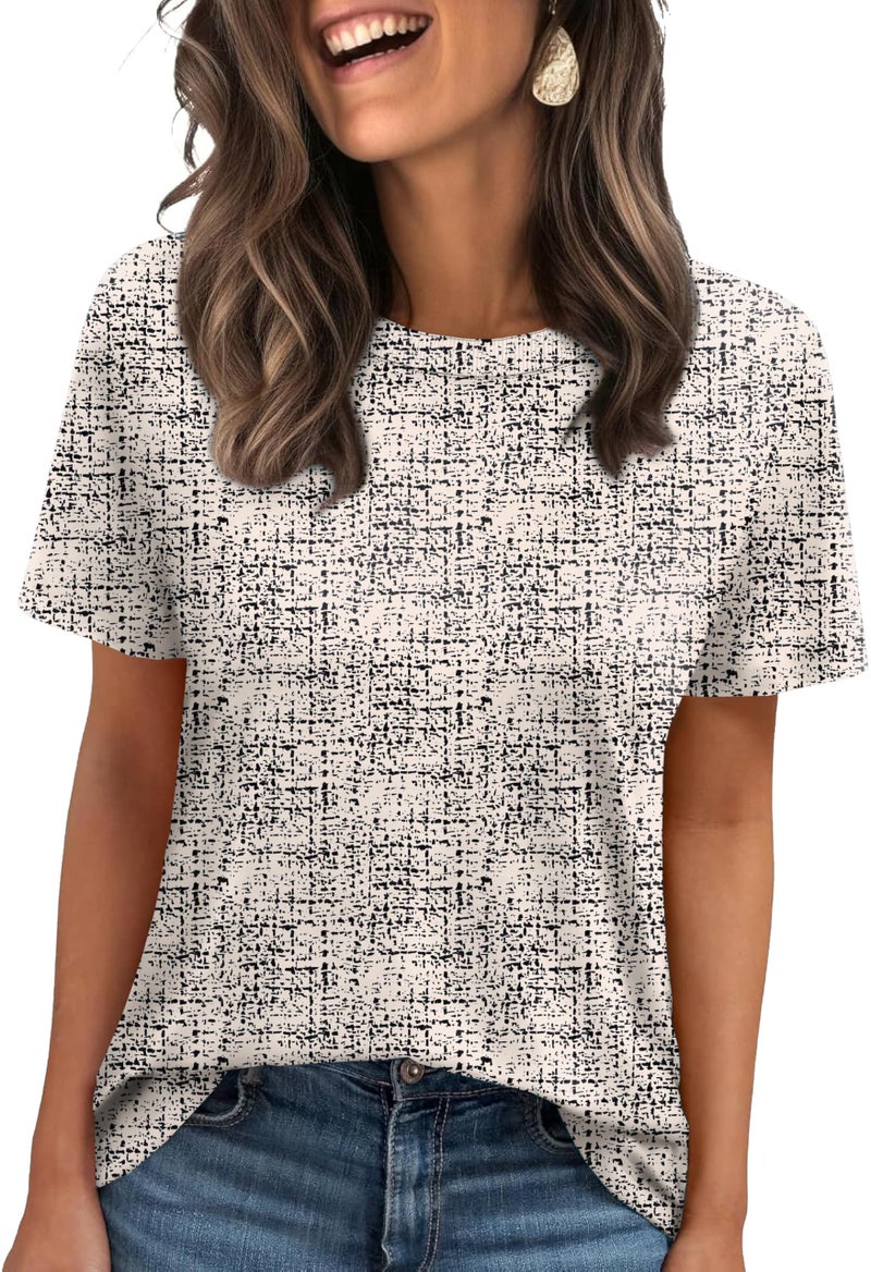 Jescakoo Summer Tops for Women 2026 Boho Business Casual Short Sleeve T Shirts Beach Vacation Beige Black L - Image 1