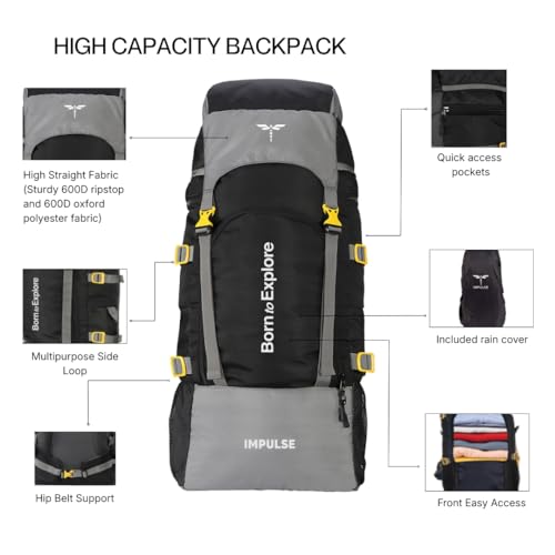 Impulse 4 Compartment Rucksack Bags 60 Litres Travel Bag For Men Tourist Bags For Travel Backpack For Hiking Trekking Bag For Men Camping Keep Discovering Light Black With 1 Year Warranty One Size - Image 4