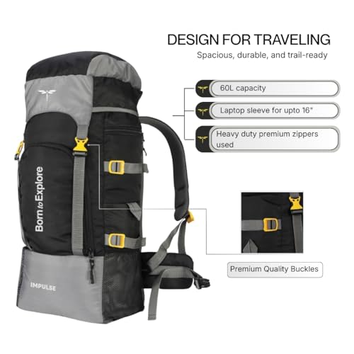 Impulse 4 Compartment Rucksack Bags 60 Litres Travel Bag For Men Tourist Bags For Travel Backpack For Hiking Trekking Bag For Men Camping Keep Discovering Light Black With 1 Year Warranty One Size - Image 3